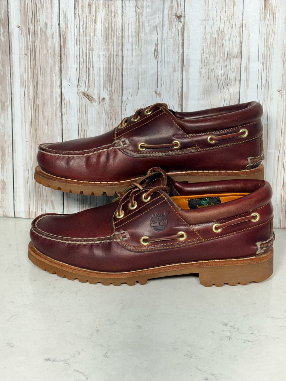 Timberland Men's Burgundy Leather Boat Shoes with Tan Lug Sole